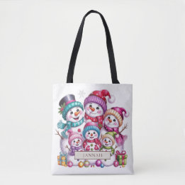 Bolsa Tote Família de Seis Bonecos de Neve Nome de Natal Rosa