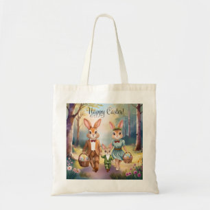 Bolsa Tote Família do Coelho de Páscoa Caçando Ovos - Aquarel