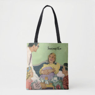 Bolsa Tote Família Retrô Serve Café da Manhã na Cama para a M
