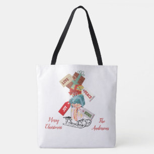 Bolsa Tote Família Vermelho Branco Inverno Trenó Feliz Natal