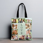 Bolsa Tote Family Love 10 Photo Collage Sage Green<br><div class="desc">Um saco de fotos verdes para celebrar sua família,  amigos,  animais de estimação,  etc. Personalize com dez fotos. "AMOR" está escrito no meio em tipografia elegante.</div>