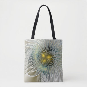 Bolsa Tote Fantasia de Flor de Prata Dourada Arte Fractal Abs