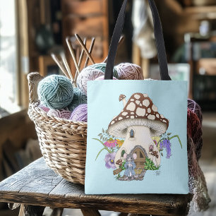Bolsa Tote Fantasioso Rato Casa Cogumelo Floral Azul