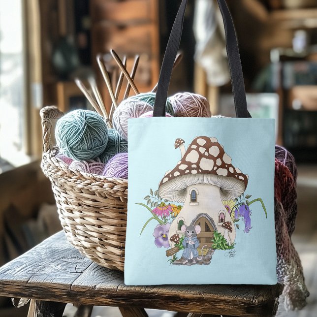 Bolsa Tote Fantasioso Rato Casa Cogumelo Floral Azul (Criador carregado)