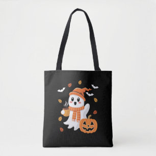 Bolsa Tote Fantasma Bonito Bebendo Café com Gelo no Halloween