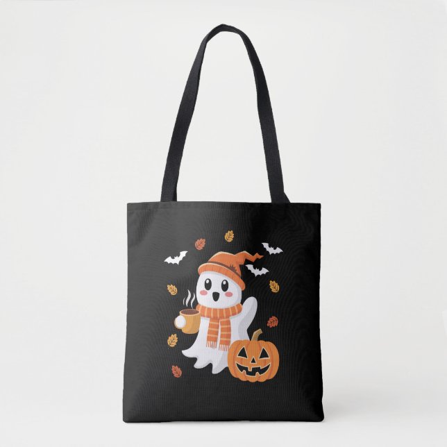 Bolsa Tote Fantasma Bonito Bebendo Café com Gelo no Halloween (Frente)