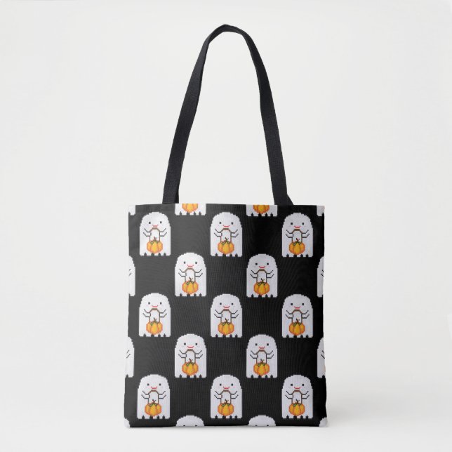 Bolsa Tote Fantasma da arte em Pixel: Padrão de Halloween (Frente)