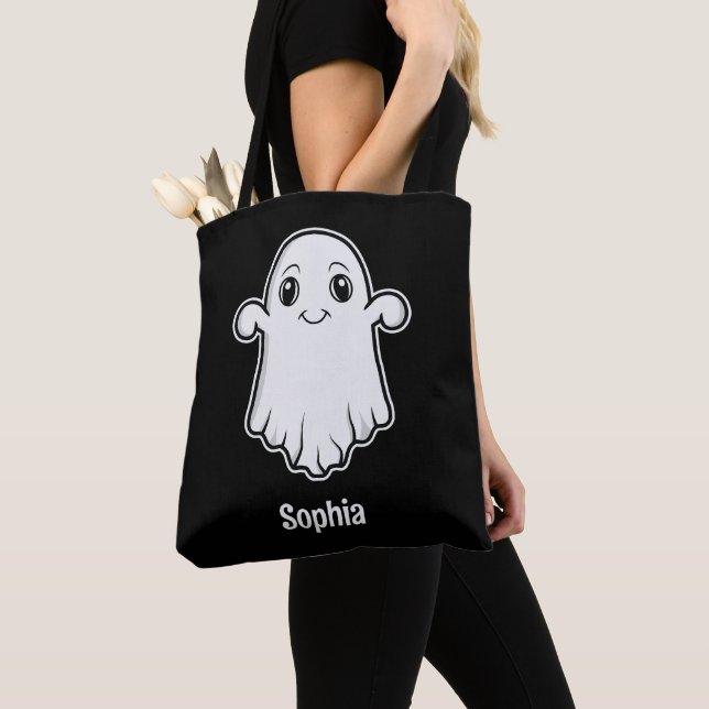 Bolsa Tote Fantasma de desenho animado fofo com nome personal (Close Up)