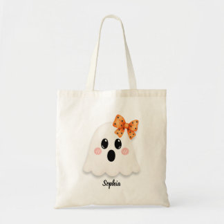 Bolsa Tote Fantasma de Halloween com Laço Laranja Fofo ou Tru