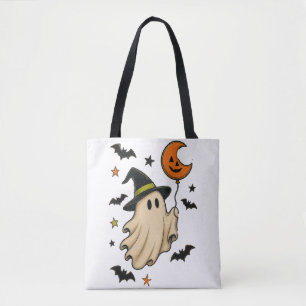 Bolsa Tote Fantasma de Halloween Fofo com Chapéu de Bruxa