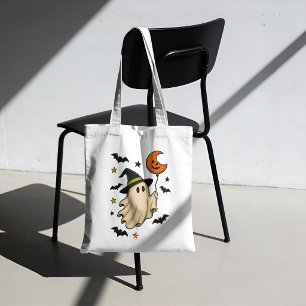 Bolsa Tote Fantasma de Halloween Fofo com Chapéu de Bruxa