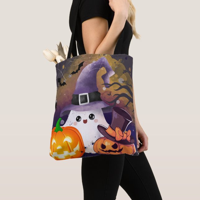 Bolsa Tote Fantasma de Halloween Fofo com Chapéu de Bruxa e A (Close Up)