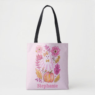Bolsa Tote Fantasma de Halloween Rosa Pastel com Nome Persona