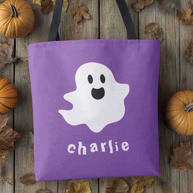 Bolsa Tote Fantasma fantasma e nome púrpura Halloween (Spooky ghost and name purple Halloween Tote Bag)