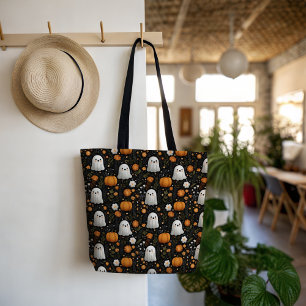 Bolsa Tote Fantasma Fofo Assustador e Padrão de Abóbora no Ha