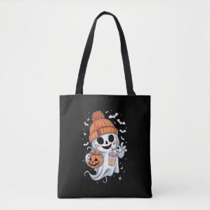 Bolsa Tote Fantasma Fofo Bebendo Café Halloween Café Gelado