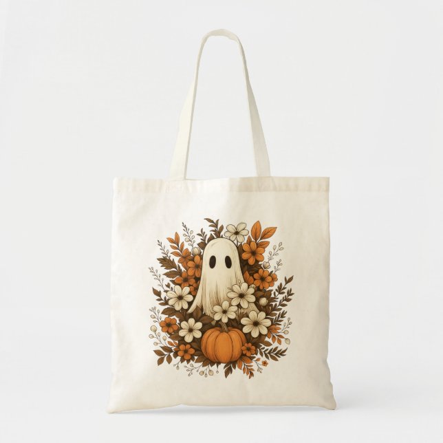 Bolsa Tote Fantasma Fofo Com Abóbora E Flores De Outono – Hal (Frente)