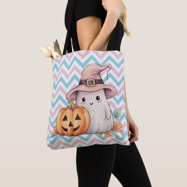 Bolsa Tote Fantasma Fofo e Abóbora de Halloween (Close Up)