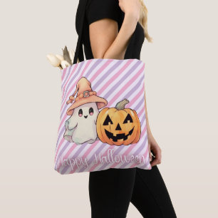 Bolsa Tote Fantasma Fofo e Abóbora de Halloween Feliz Hallowe