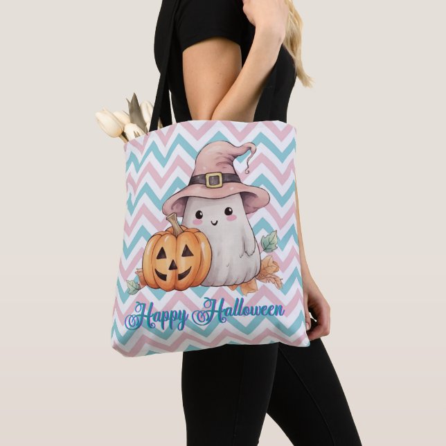 Bolsa Tote Fantasma Fofo e Jack-O' Lantern Feliz Halloween (Close Up)