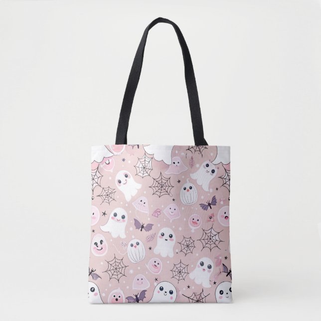 Bolsa Tote Fantasmas Rosa e Elementos do Dia das Bruxas Sem F (Frente)