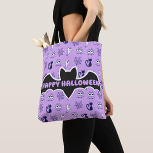Bolsa Tote Fantasmas, teias-aranha e Gatos Negros Roxos