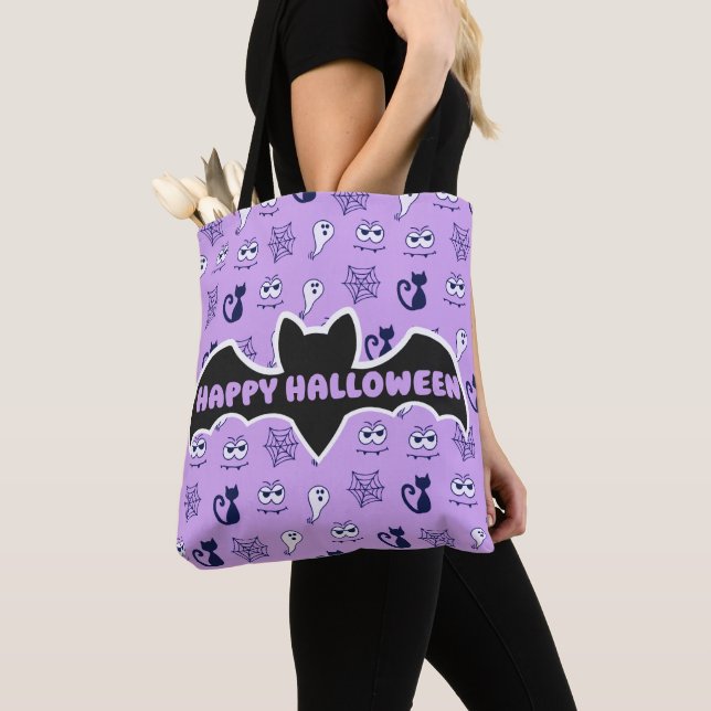 Bolsa Tote Fantasmas, teias-aranha e Gatos Negros Roxos (Close Up)