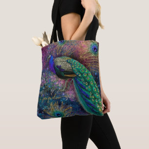 Bolsa Tote Fantasy Peacock Dourado Glitter Feather Script