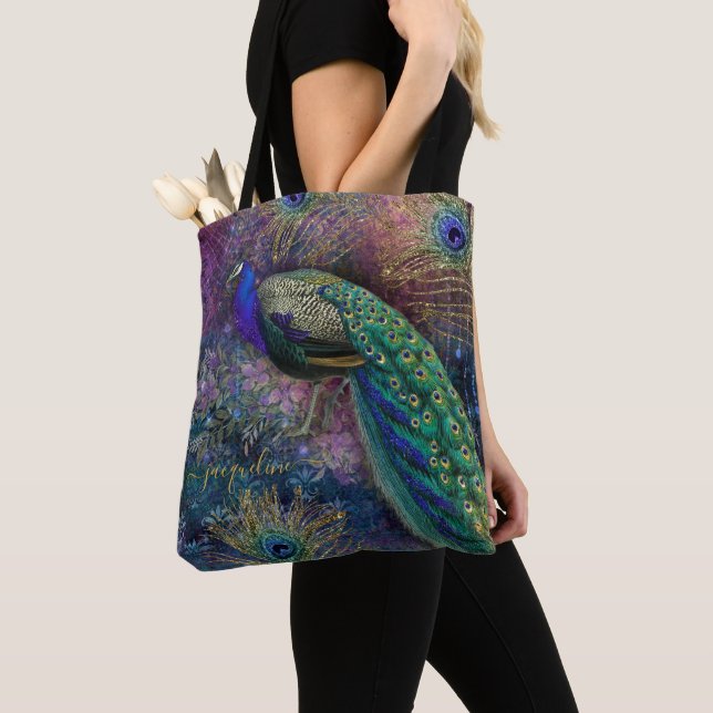 Bolsa Tote Fantasy Peacock Dourado Glitter Feather Script  (Close Up)