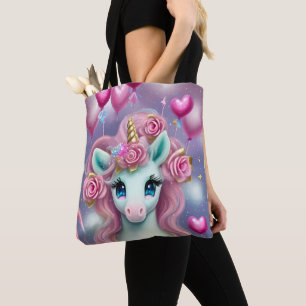Bolsa Tote Fantasy White Baby Unicorn com Corações Rosa