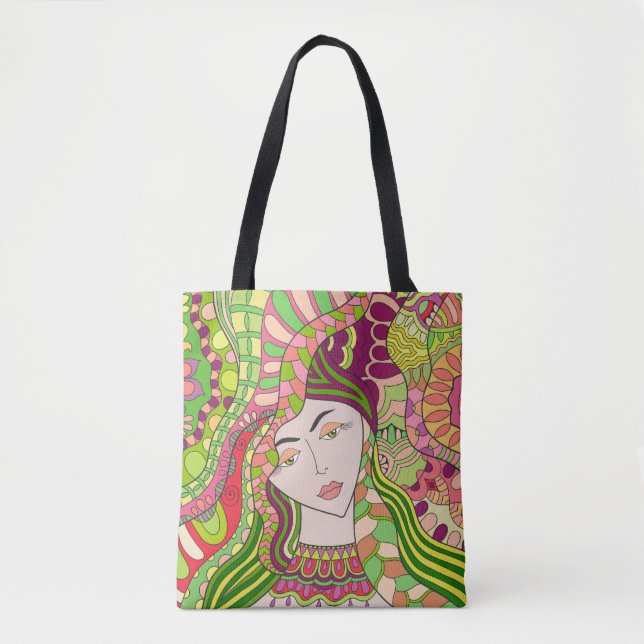 Bolsa Tote Fantasy Woman: Abstrato Primavera Folk. (Frente)