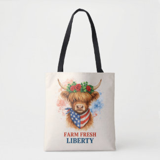 Bolsa Tote Farm Fresh Liberty Highland Cow Patriotic USA Art