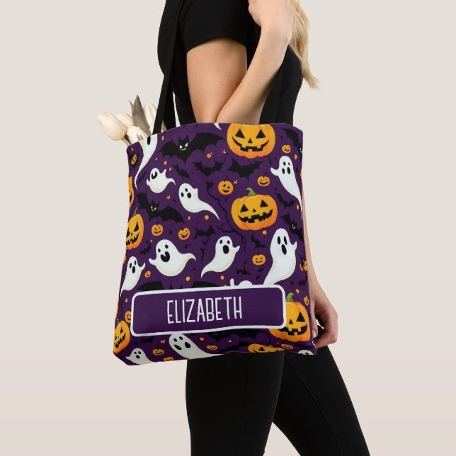 Bolsa Tote Farmhouse Halloween Bats Pumpkin Ghost Party (Close Up)