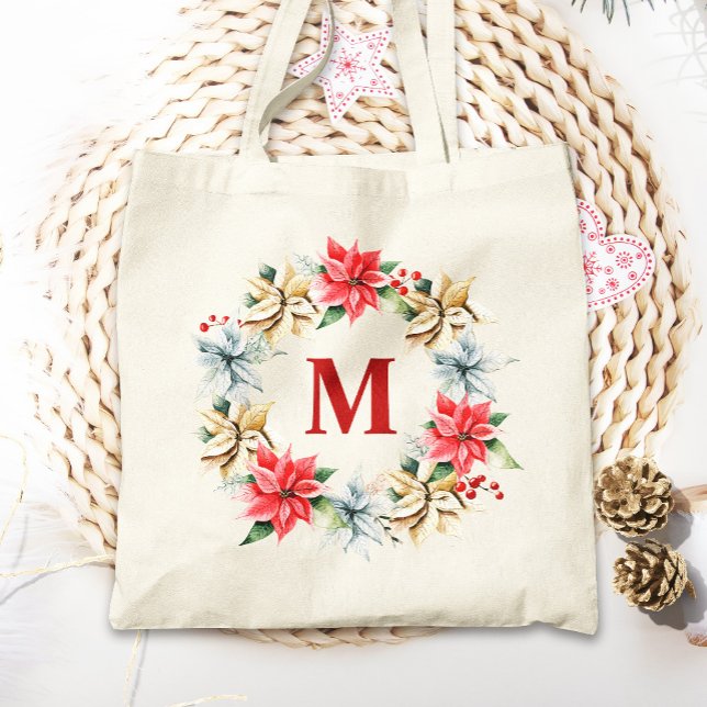 Bolsa Tote Farmhouse Poinsettia Russa Wreath de inverno Monog (Criador carregado)