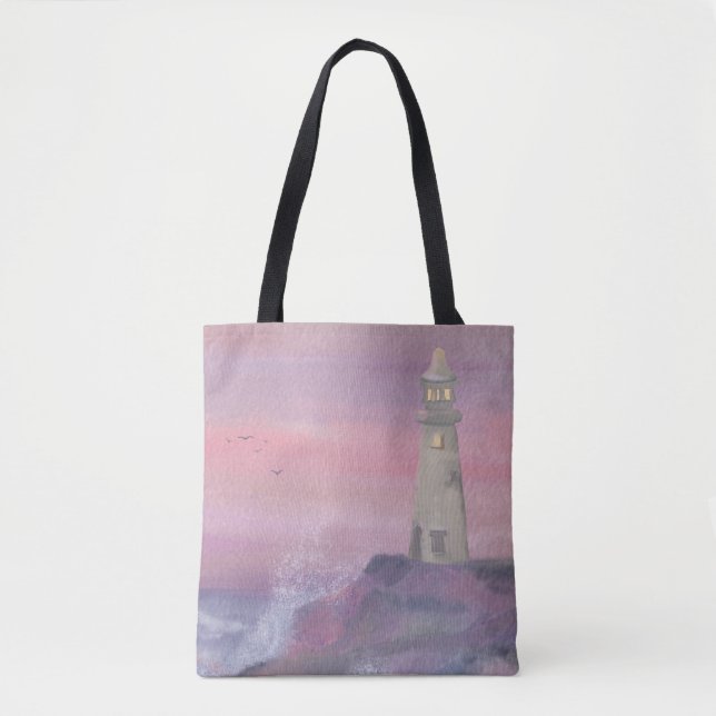 Bolsa Tote Farol Bluff Costeiro Com Céu Rosa (Frente)