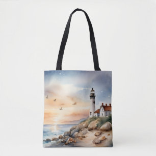 Bolsa Tote Farol de Aquarela Costeira Tranquilo