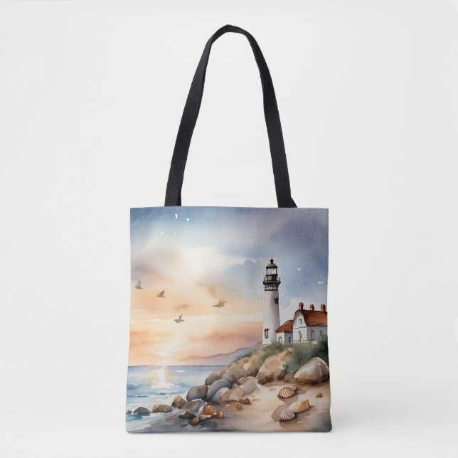 Bolsa Tote Farol de Aquarela Costeira Tranquilo (Frente)