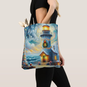 Bolsa Tote Farol de Árvore de Natal Azul Costeiro Náutico