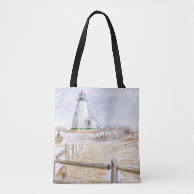 Bolsa Tote Farol de Plymought em Aquarela (Frente)