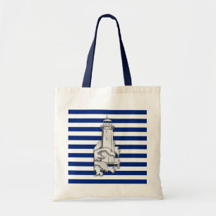 Bolsa Tote Farol do estilo do cromo em listras náuticas azui