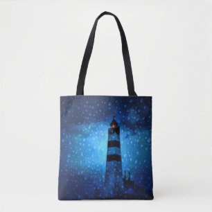 Bolsa Tote Farol do oceano uma noite azul escura com gotas