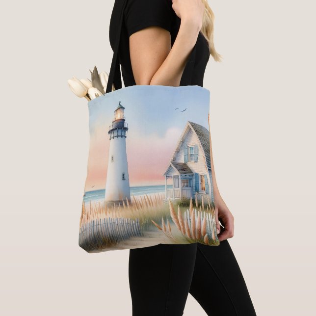 Bolsa Tote Farol e Cena de Aquarela de Algodão (Close Up)
