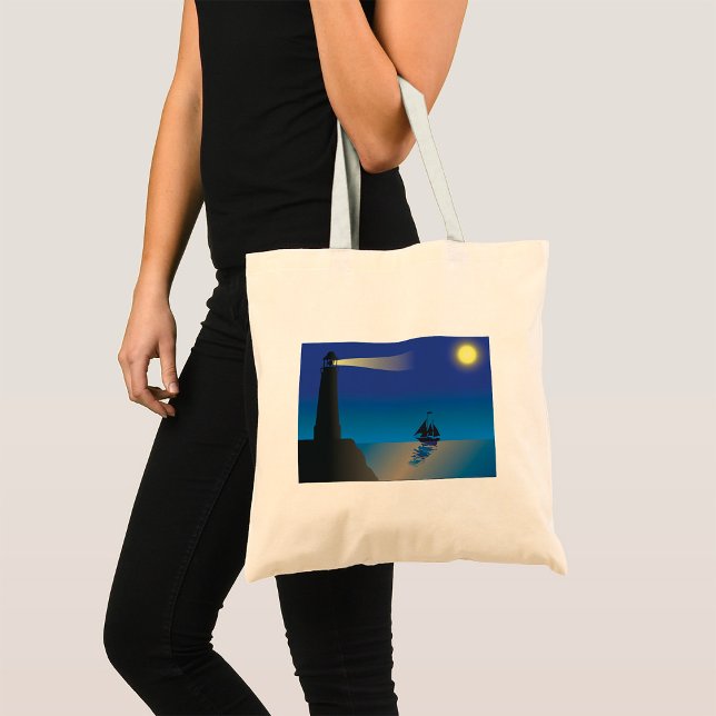 Bolsa Tote Farol e veleiro à noite Oceano iluminado pela Lua (Criador carregado)