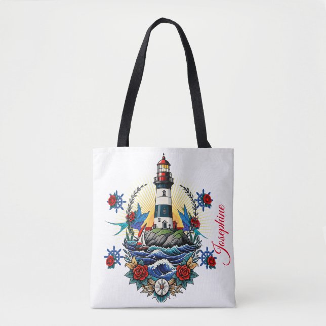Bolsa Tote Farol Náutico Floral Branco Vermelho Azul (Frente)
