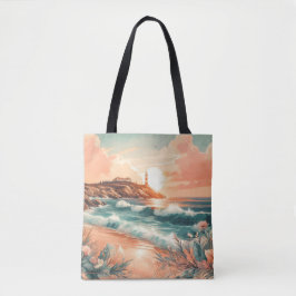 Bolsa Tote Farol Sunset Ocean Beach Boho Floral