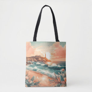 Bolsa Tote Farol Sunset Ocean Beach Boho Floral