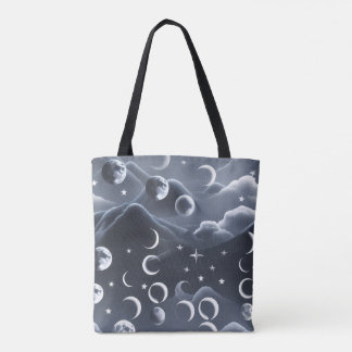 Bolsa Tote Fases da Lua Celestial Cinza Suave Estética de Lux