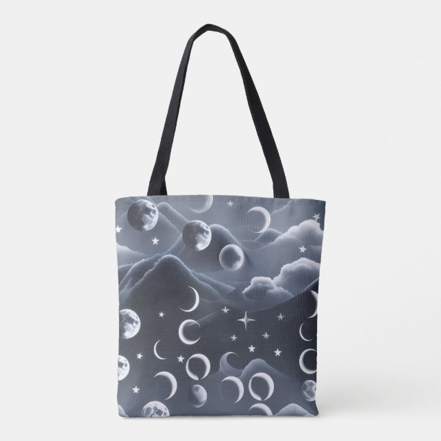 Bolsa Tote Fases da Lua Celestial Cinza Suave Estética de Lux (Verso)