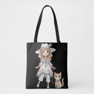 Bolsa Tote Fashionable girl strolling with her cat