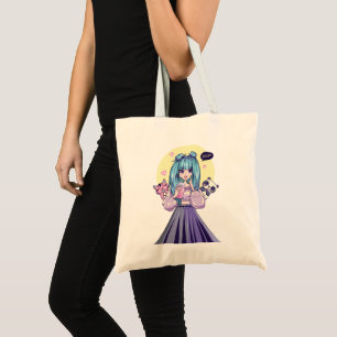 Bolsa Tote Fashionista: Garota de Cabelo Azul com Panda e Gat
